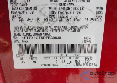 2013 Ford F-150 Xlt from USA, damaged, VIN 1FTFX1CT8DFB30838